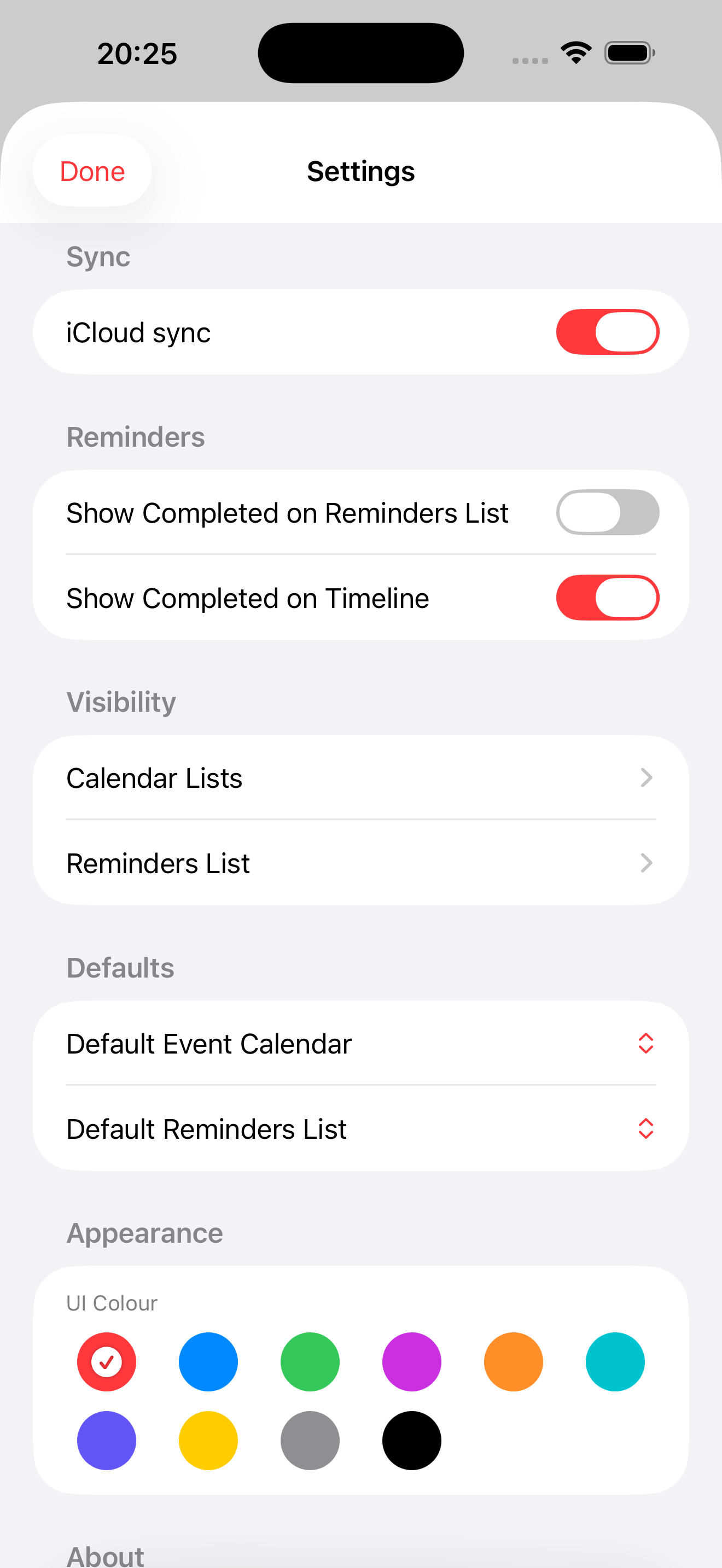 InRo on iPhone showing the timeline with Meal Plan, Travel Checklist, Sketch, and Scan entries plus the visibility filter for Events, Reminders, Goals, Scans, Notes, and Drawings